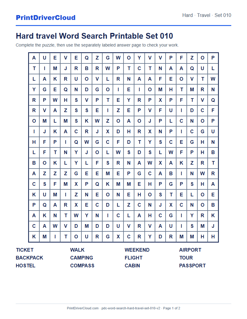 Hard Travel Word Search Printable Set 010 preview