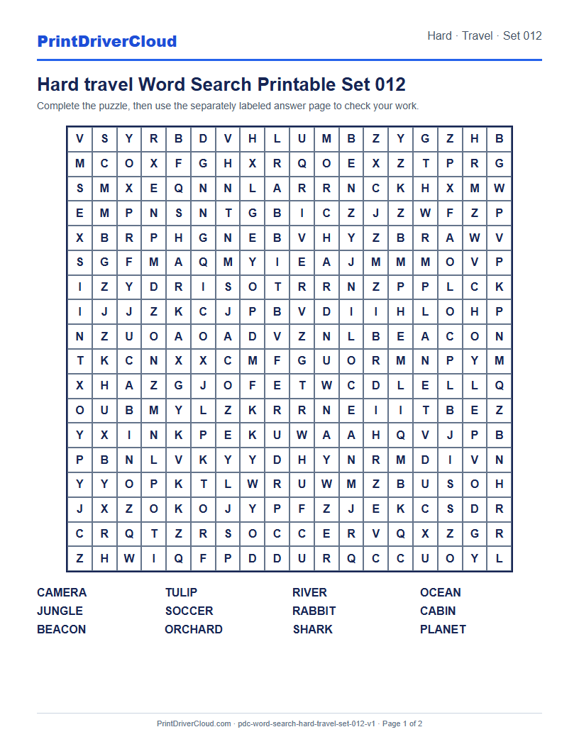 Preview of Hard travel Word Search Printable Set 012