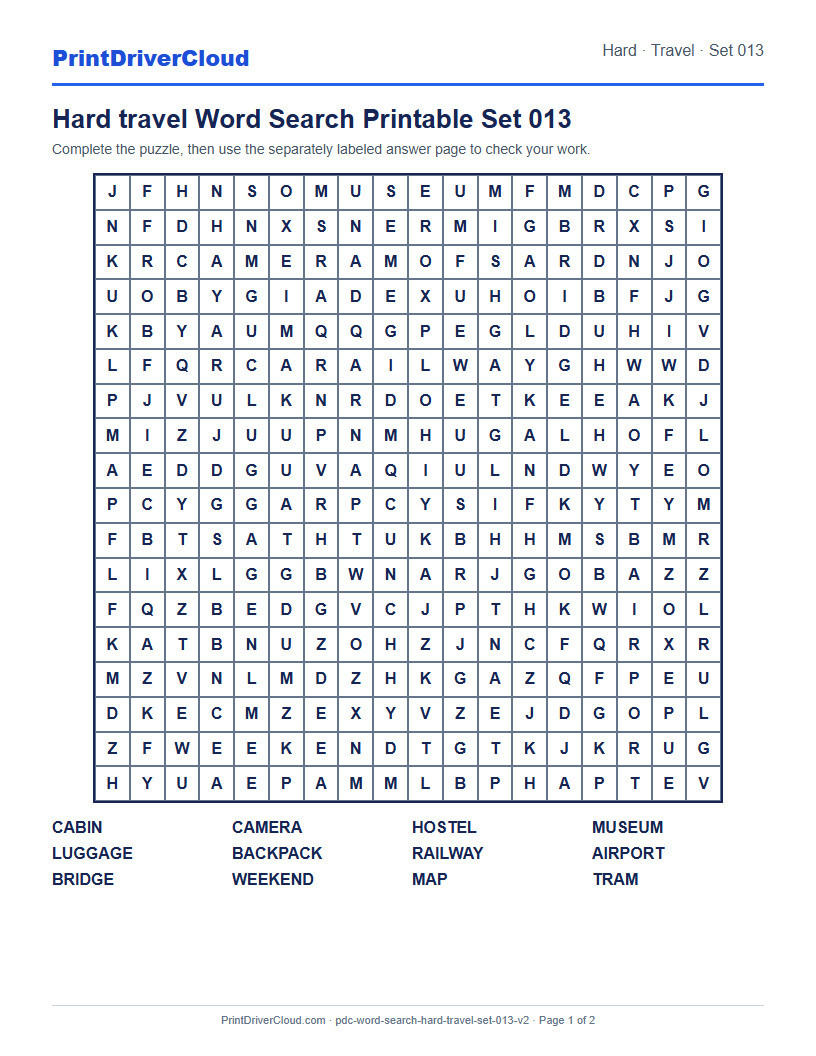 Hard Travel Word Search Printable Set 013 preview