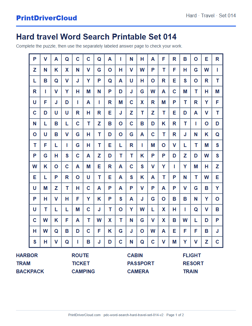 Hard Travel Word Search Printable Set 014 preview