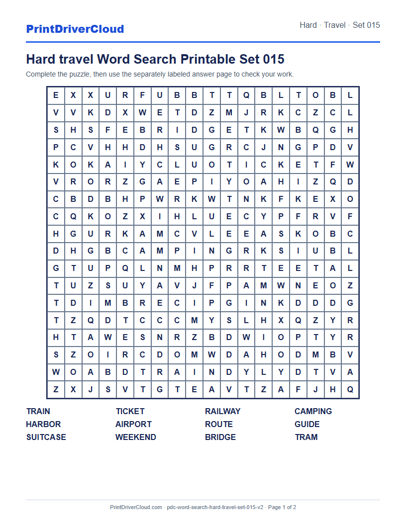 Hard Travel Word Search Printable Set 015 preview