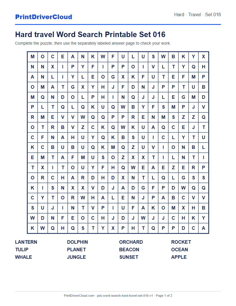 Preview of Hard travel Word Search Printable Set 016