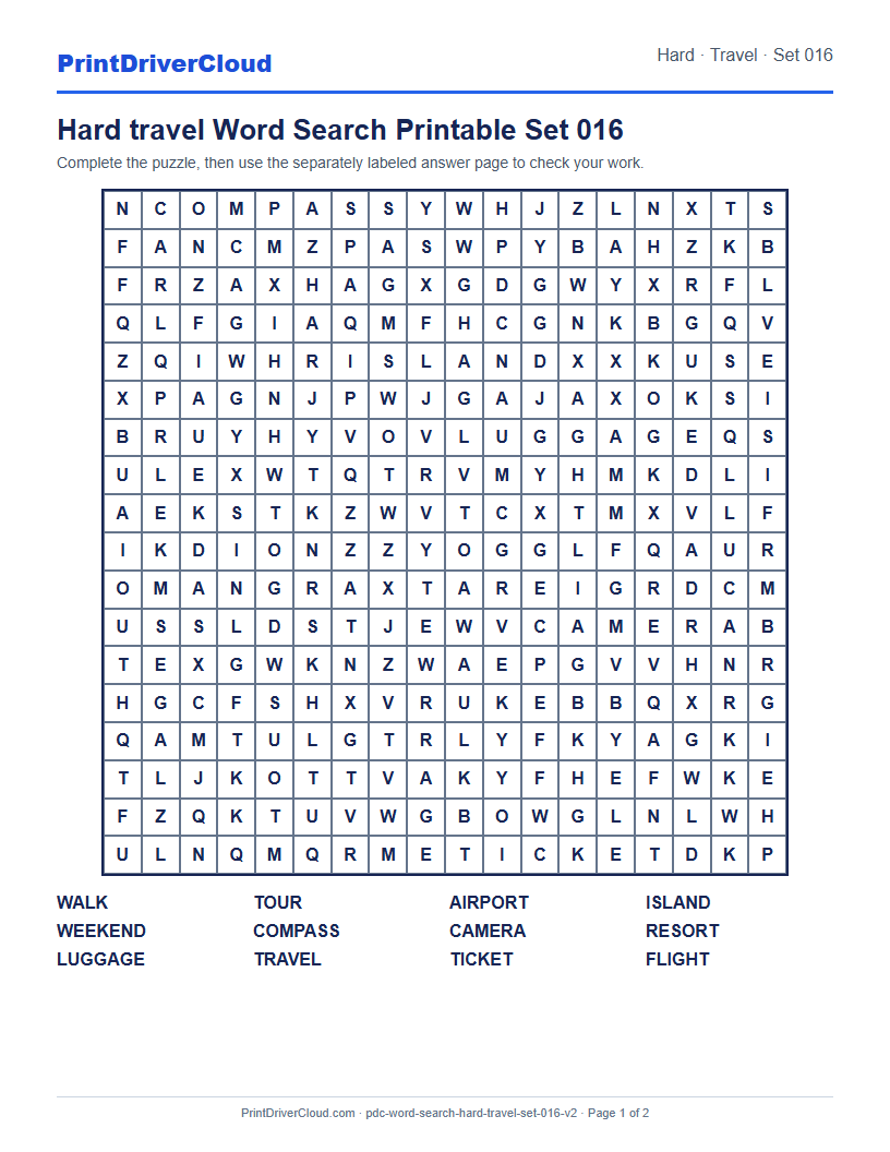 Hard Travel Word Search Printable Set 016 preview