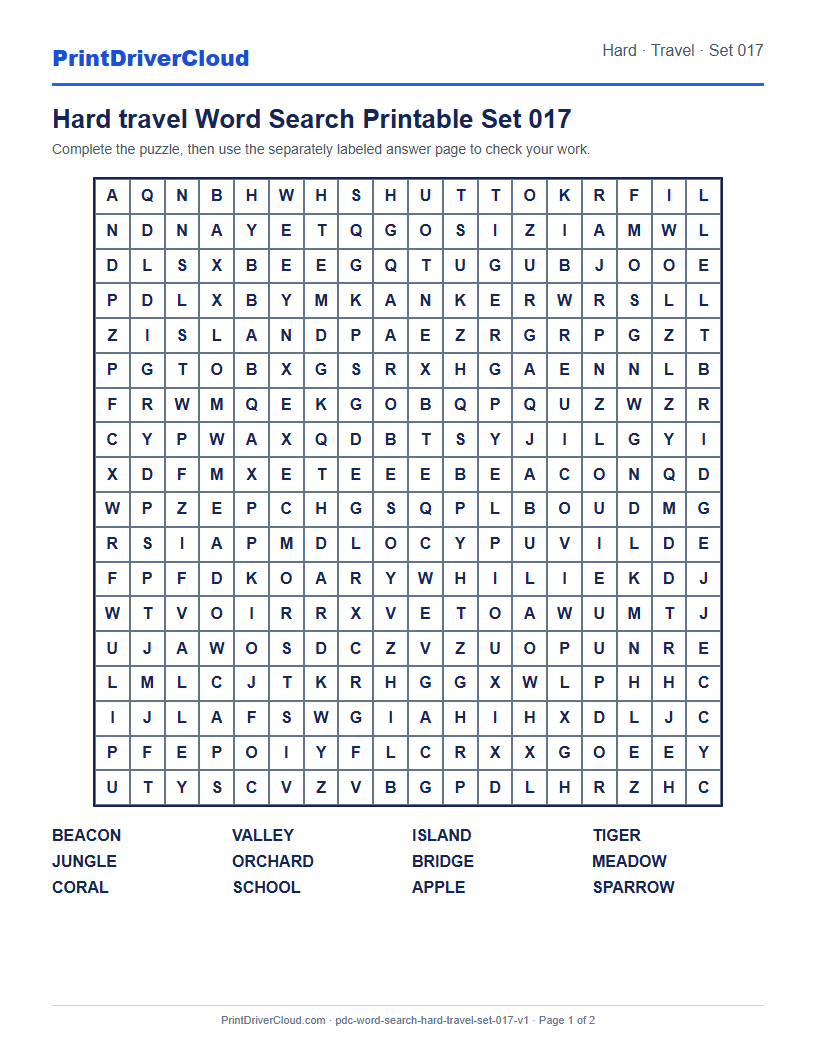 Preview of Hard travel Word Search Printable Set 017