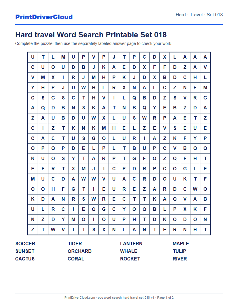 Preview of Hard travel Word Search Printable Set 018