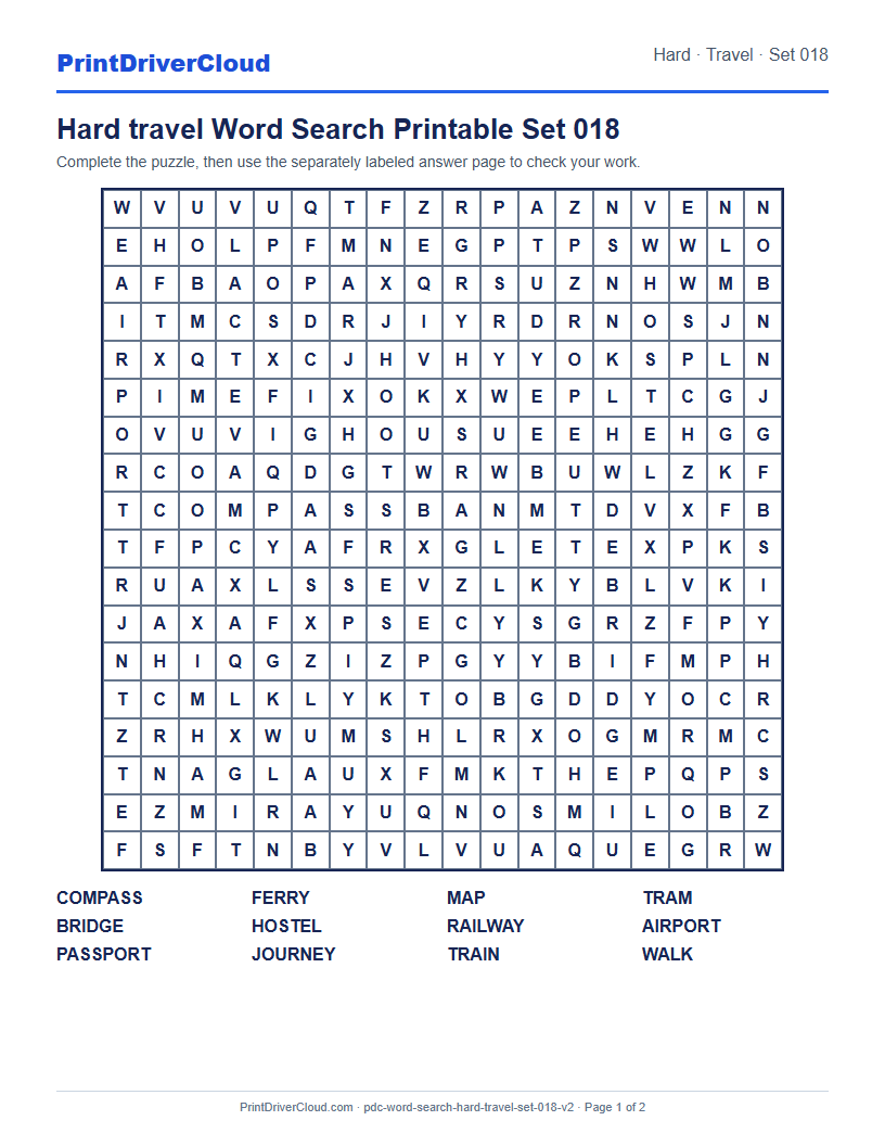 Hard Travel Word Search Printable Set 018 preview