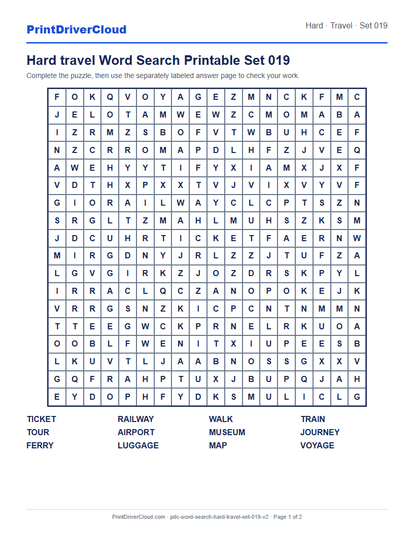 Hard Travel Word Search Printable Set 019 preview