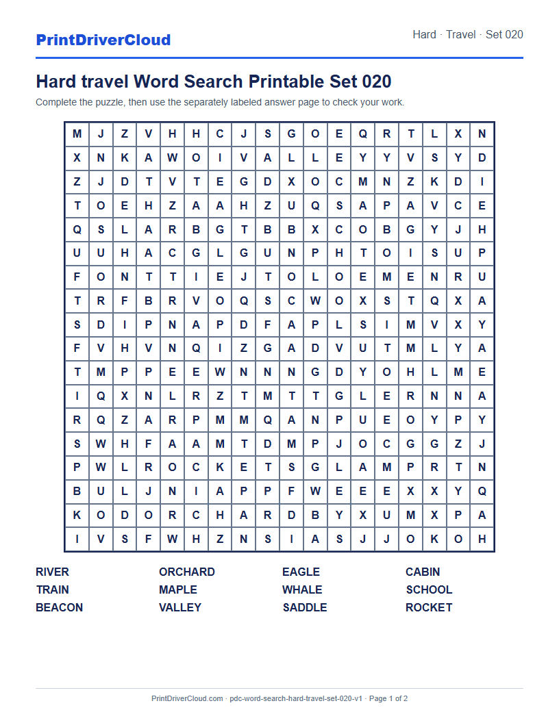 Preview of Hard travel Word Search Printable Set 020
