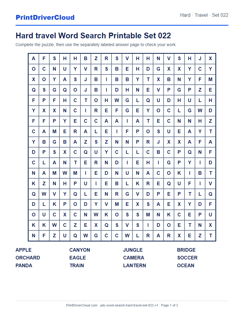 Preview of Hard travel Word Search Printable Set 022