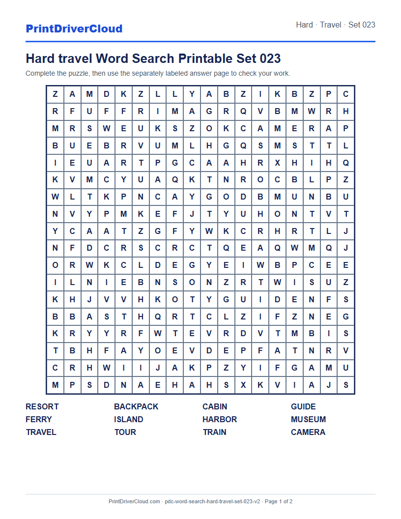Hard Travel Word Search Printable Set 023 preview