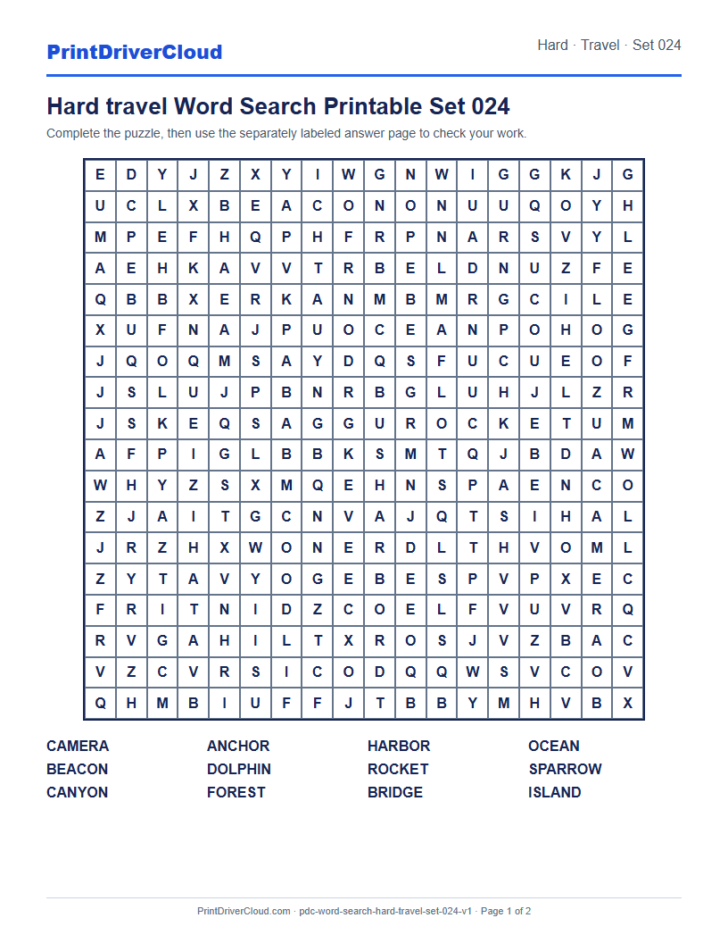 Preview of Hard travel Word Search Printable Set 024