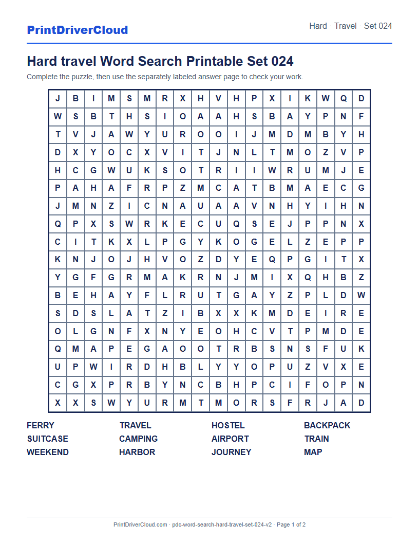 Hard Travel Word Search Printable Set 024 preview