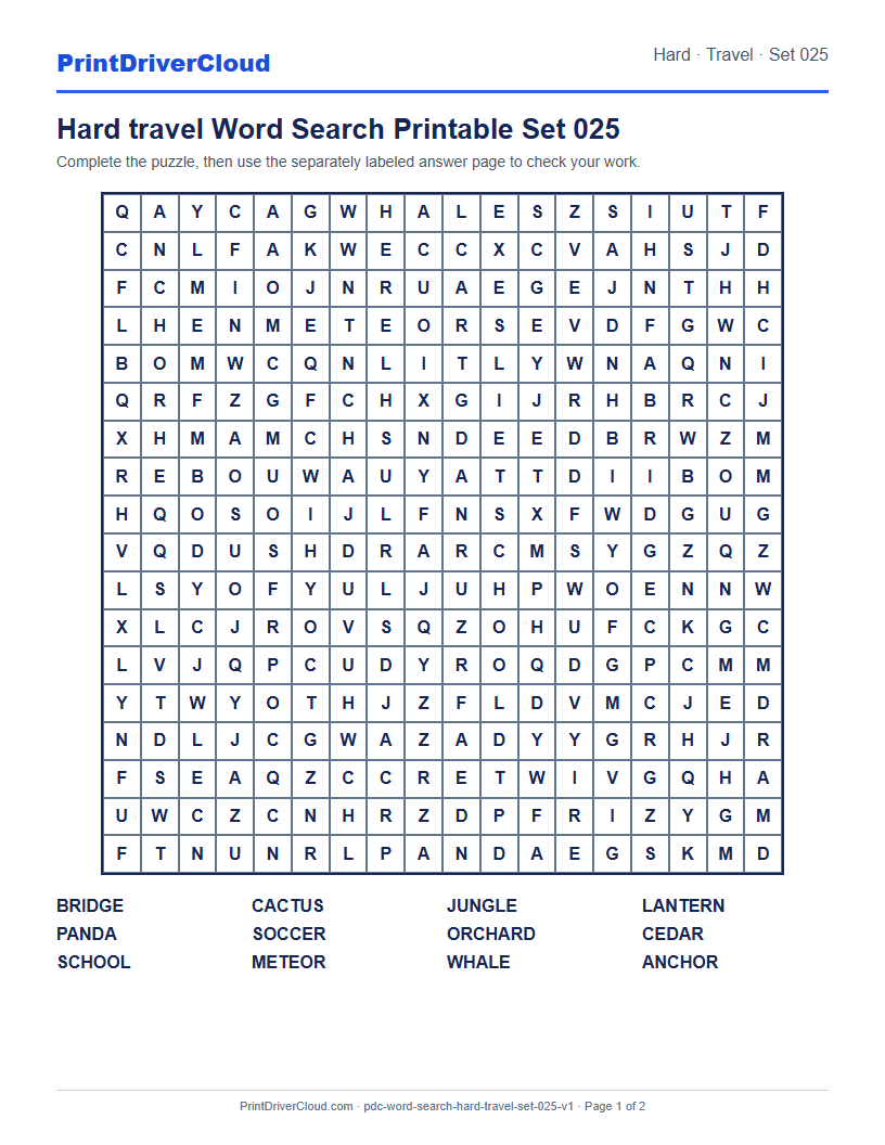 Preview of Hard travel Word Search Printable Set 025