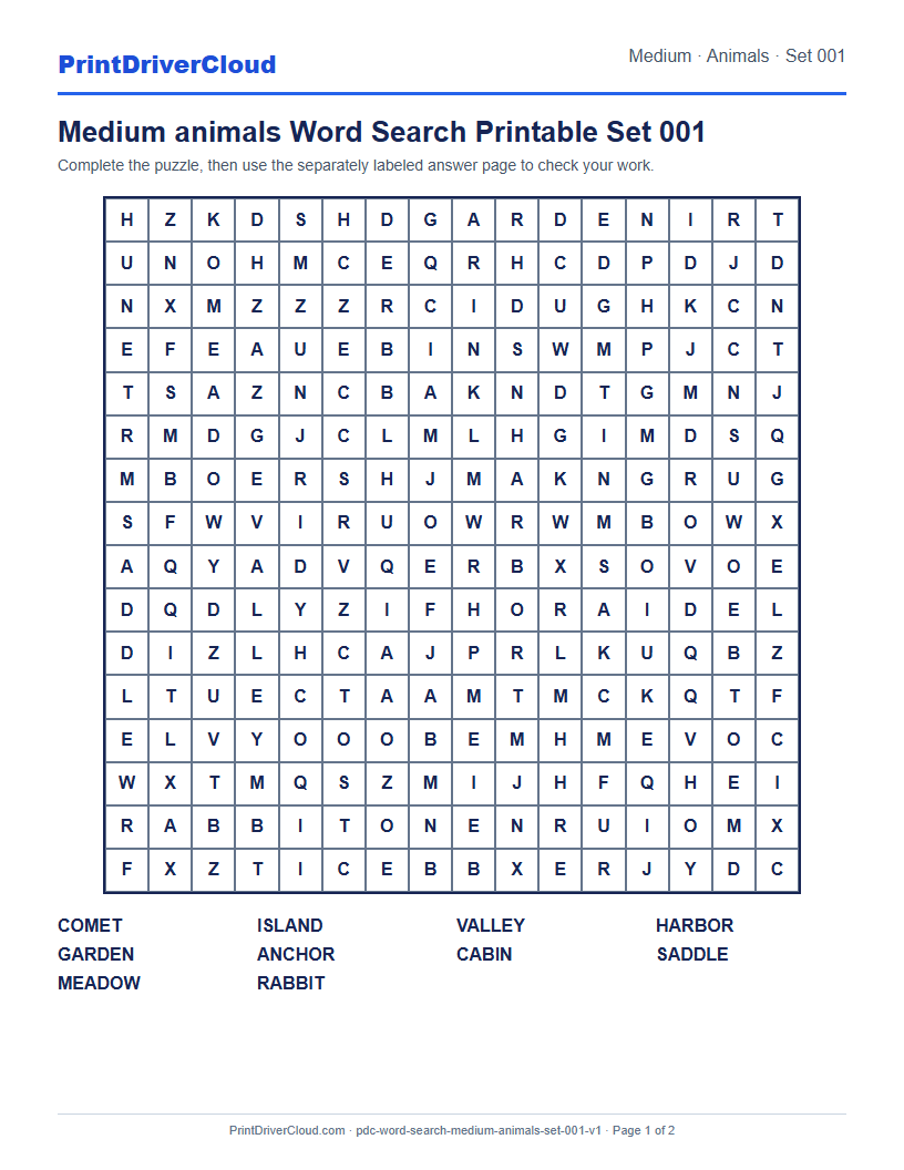 Preview of Medium animals Word Search Printable Set 001