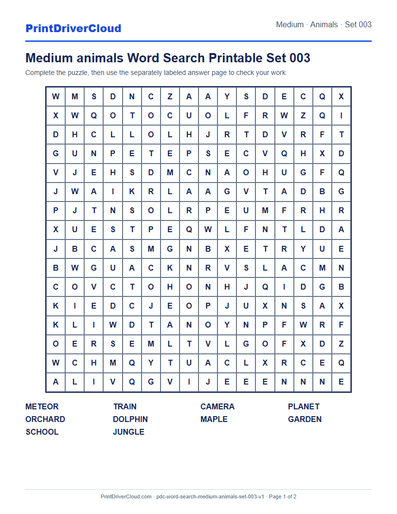 Preview of Medium animals Word Search Printable Set 003