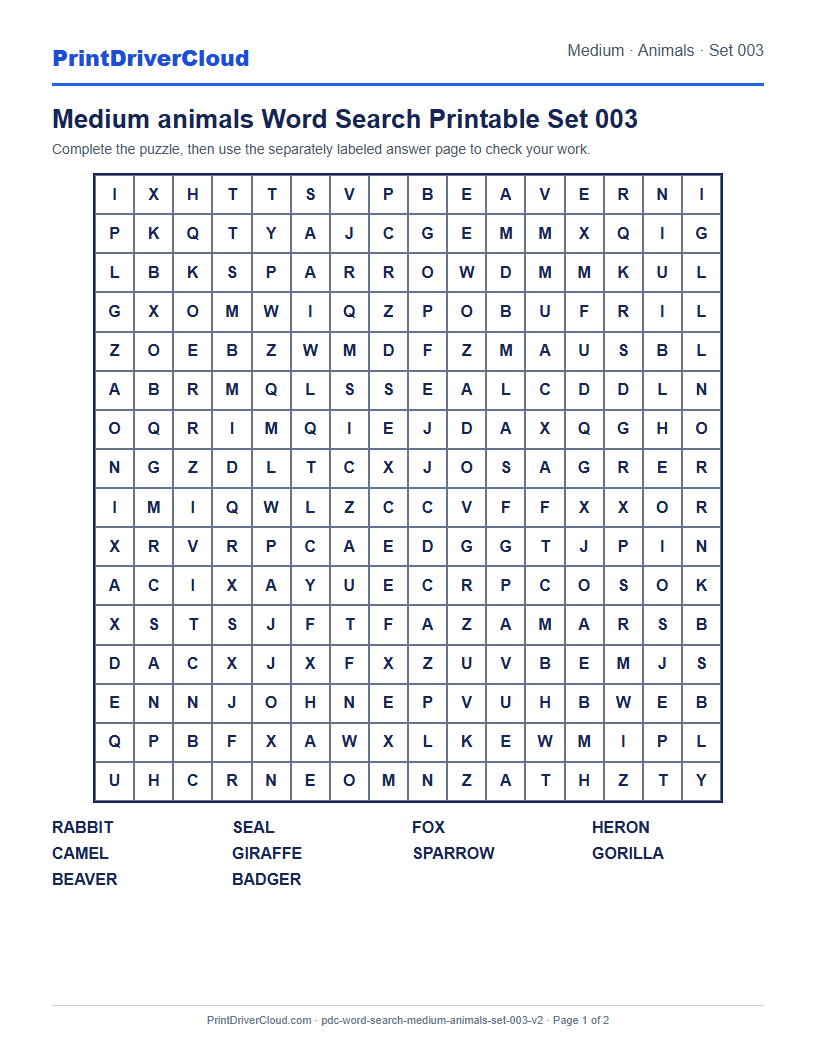 Medium Animals Word Search Printable Set 003 preview