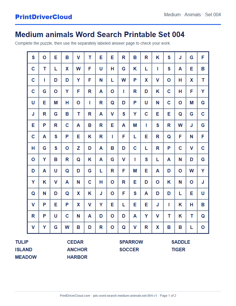 Preview of Medium animals Word Search Printable Set 004