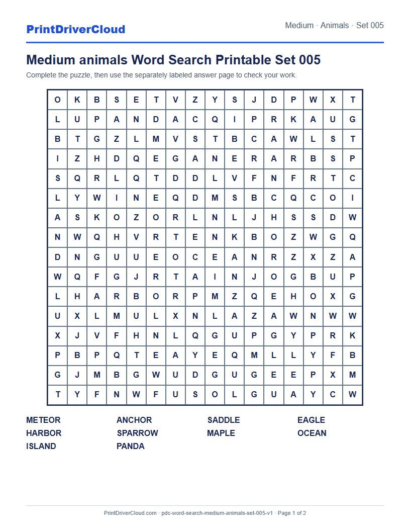 Preview of Medium animals Word Search Printable Set 005
