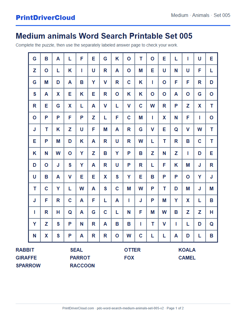 Medium Animals Word Search Printable Set 005 preview