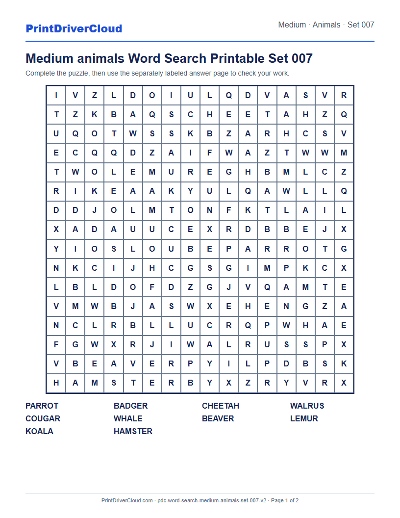 Medium Animals Word Search Printable Set 007 preview