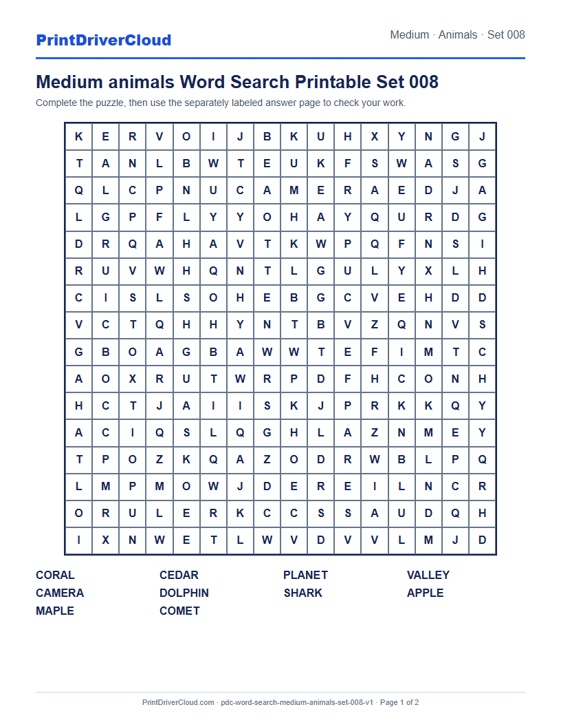 Preview of Medium animals Word Search Printable Set 008