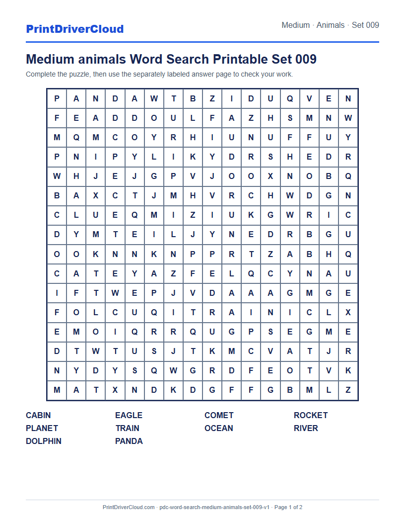 Preview of Medium animals Word Search Printable Set 009