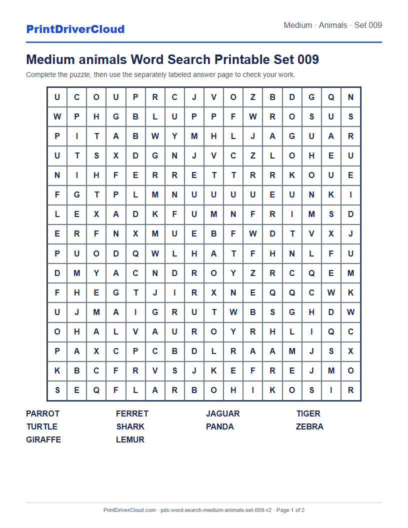 Medium Animals Word Search Printable Set 009 preview