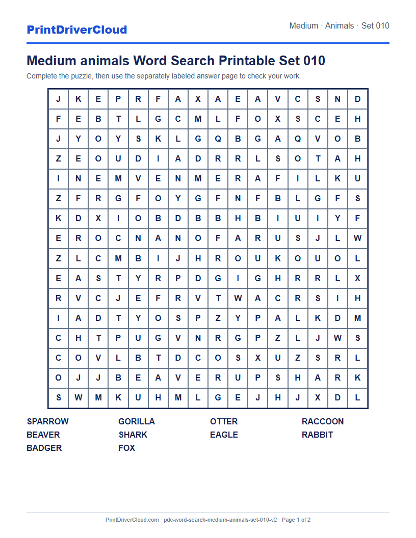 Medium Animals Word Search Printable Set 010 preview