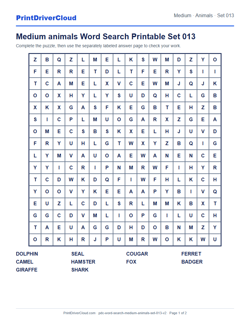 Medium Animals Word Search Printable Set 013 preview