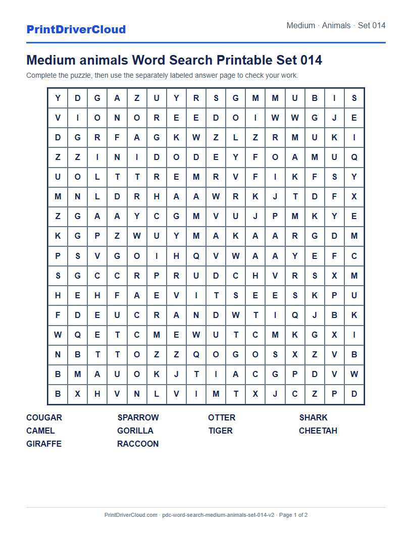Medium Animals Word Search Printable Set 014 preview