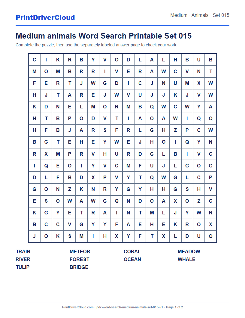 Preview of Medium animals Word Search Printable Set 015