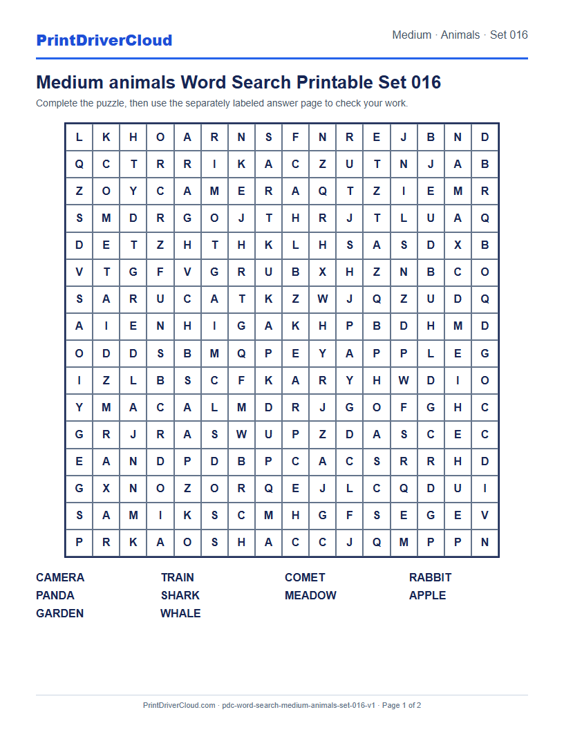 Preview of Medium animals Word Search Printable Set 016