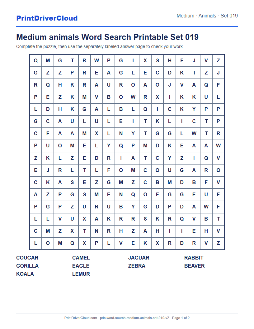 Medium Animals Word Search Printable Set 019 preview