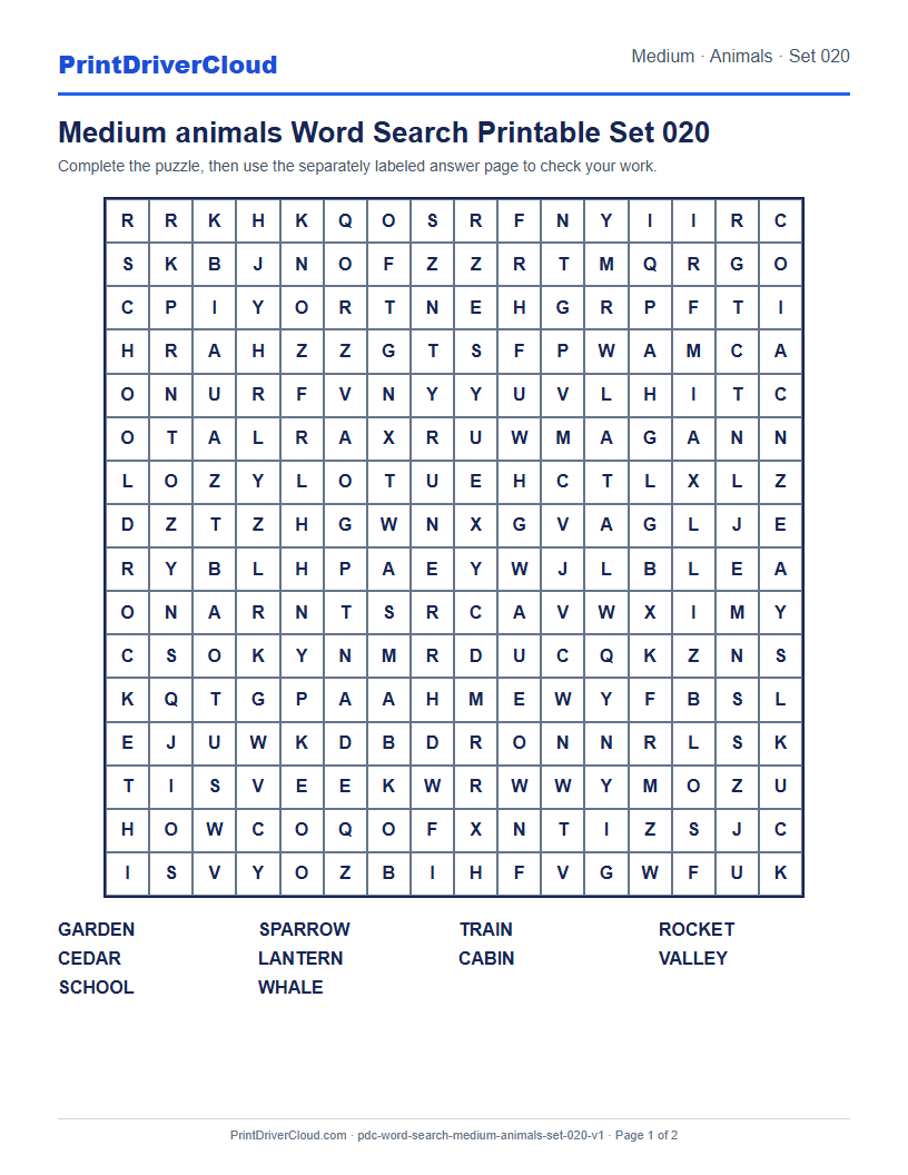 Preview of Medium animals Word Search Printable Set 020