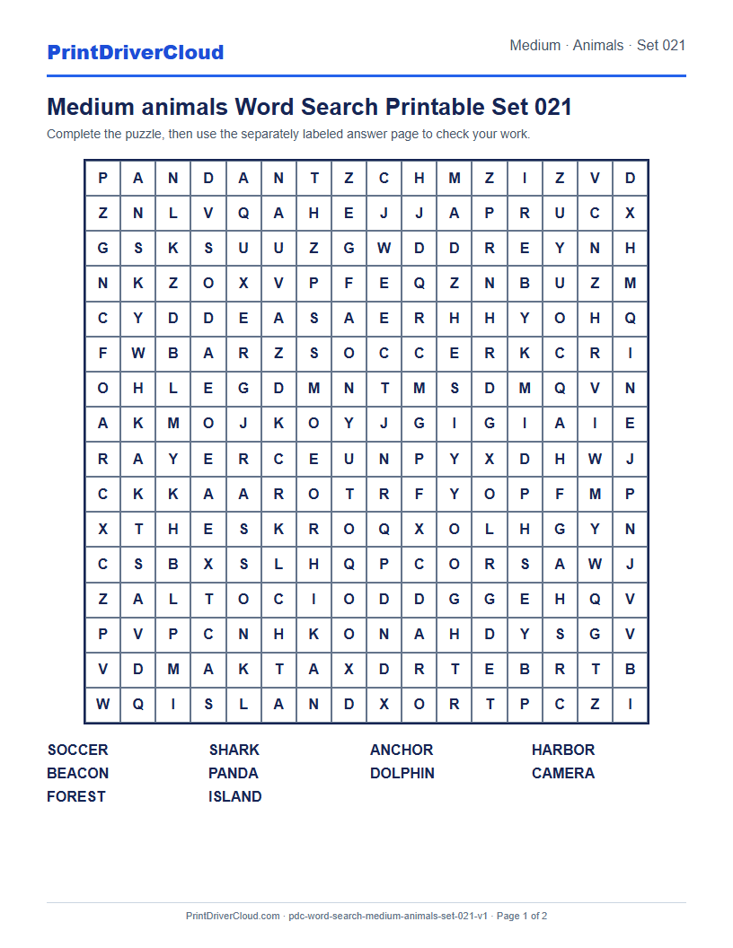 Preview of Medium animals Word Search Printable Set 021