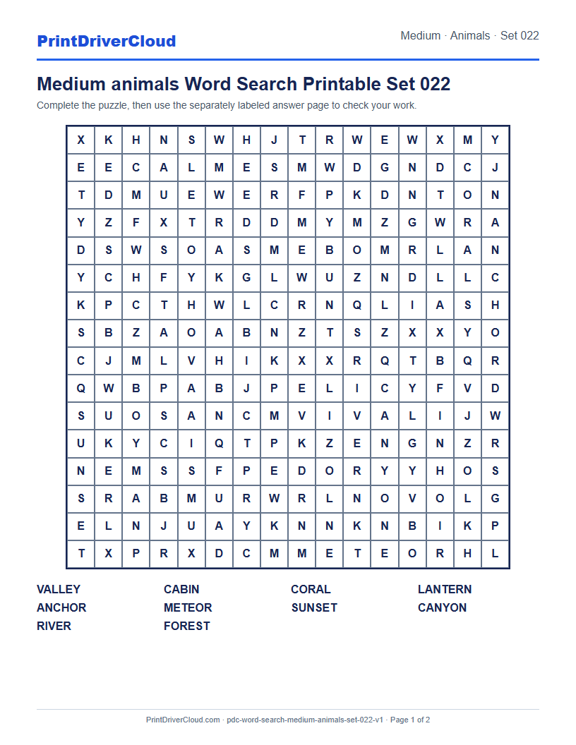 Preview of Medium animals Word Search Printable Set 022