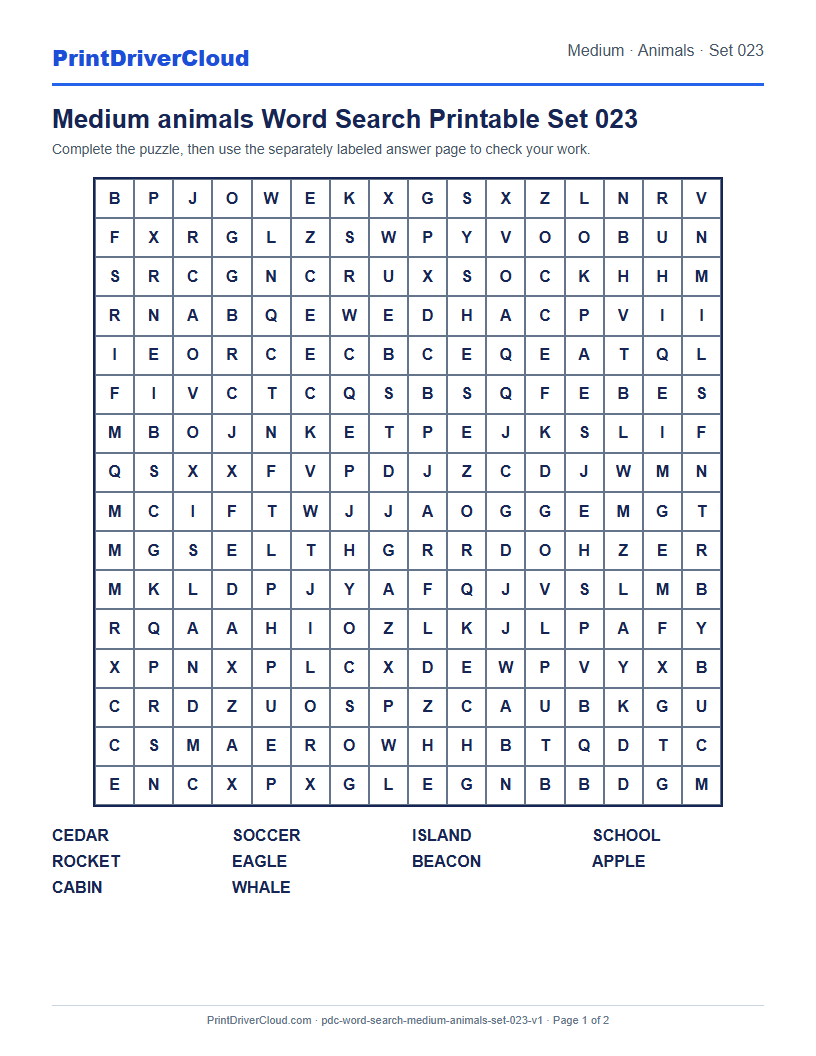 Preview of Medium animals Word Search Printable Set 023