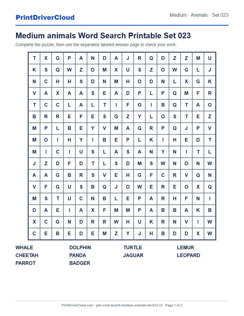 Medium Animals Word Search Printable Set 023 preview