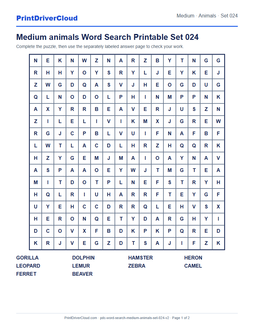 Medium Animals Word Search Printable Set 024 preview