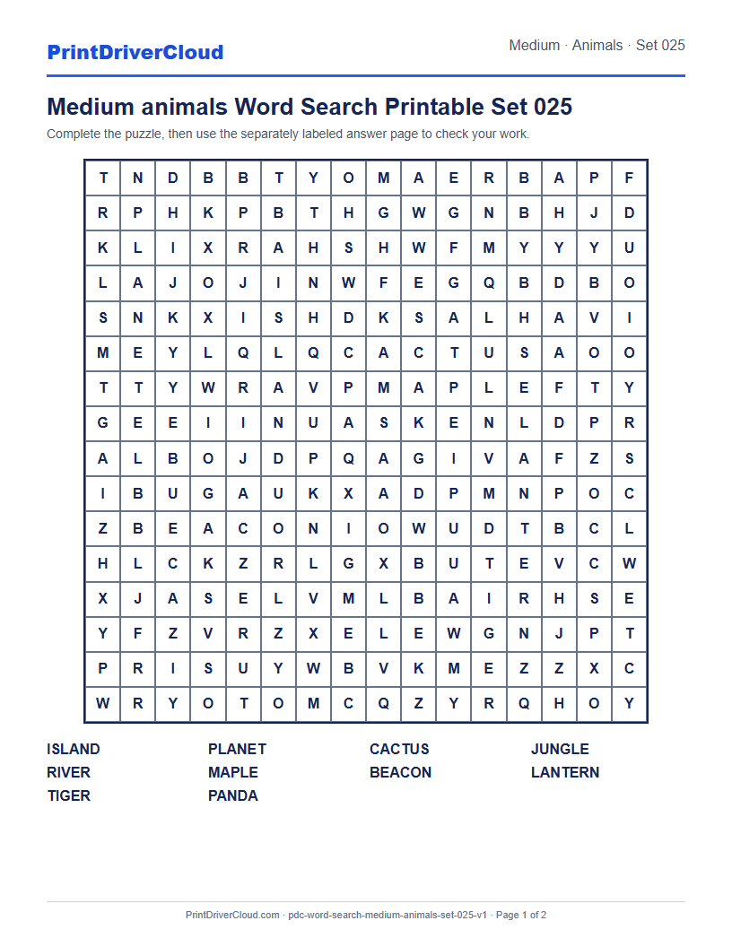 Preview of Medium animals Word Search Printable Set 025