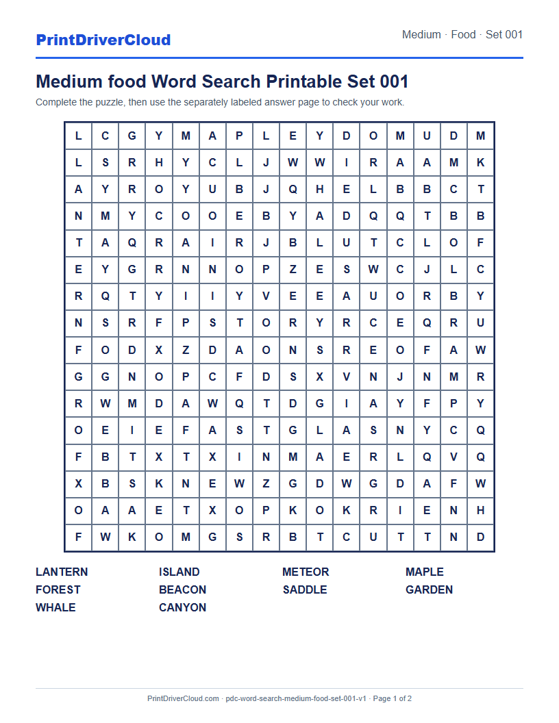 Preview of Medium food Word Search Printable Set 001