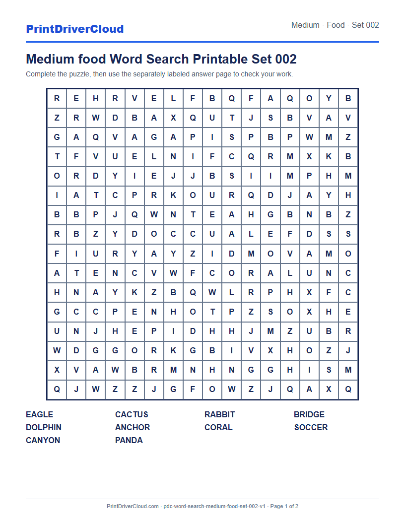 Preview of Medium food Word Search Printable Set 002
