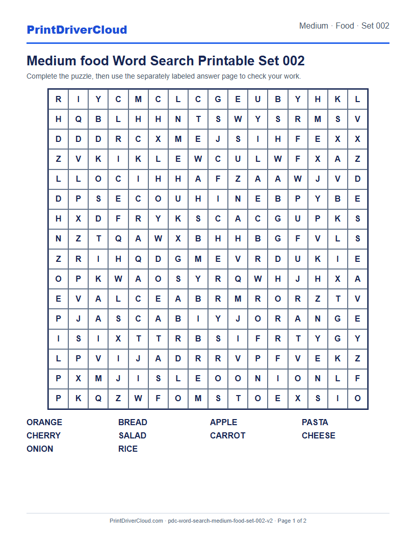 Medium Food Word Search Printable Set 002 preview