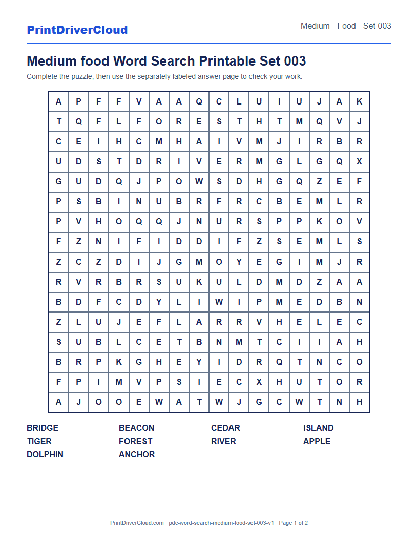 Preview of Medium food Word Search Printable Set 003