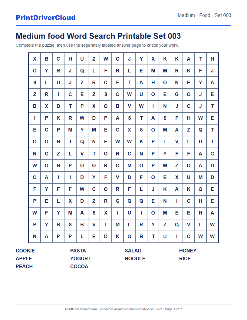 Medium Food Word Search Printable Set 003 preview