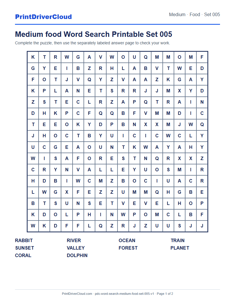 Preview of Medium food Word Search Printable Set 005