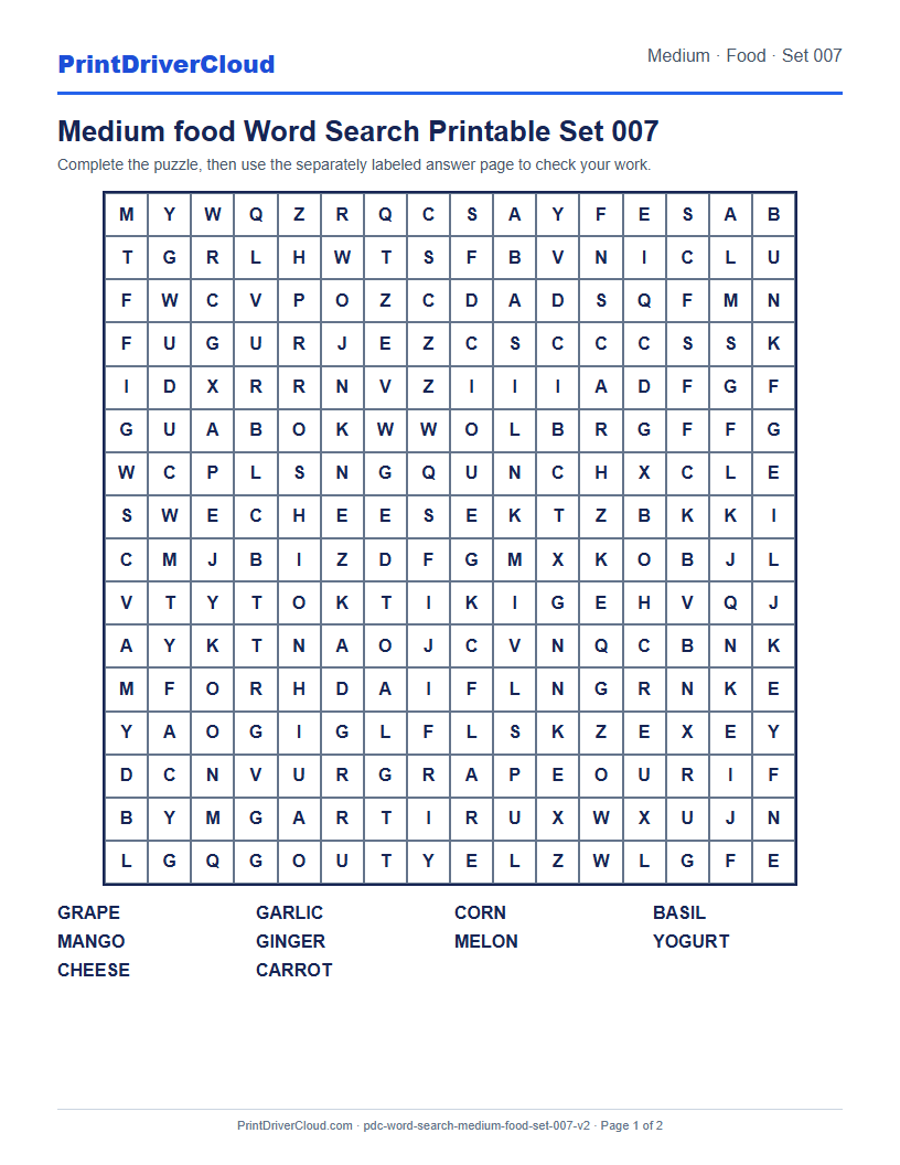 Medium Food Word Search Printable Set 007 preview