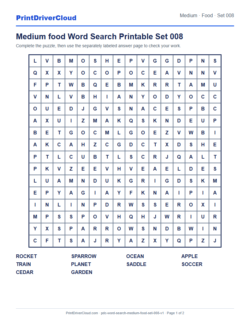 Preview of Medium food Word Search Printable Set 008