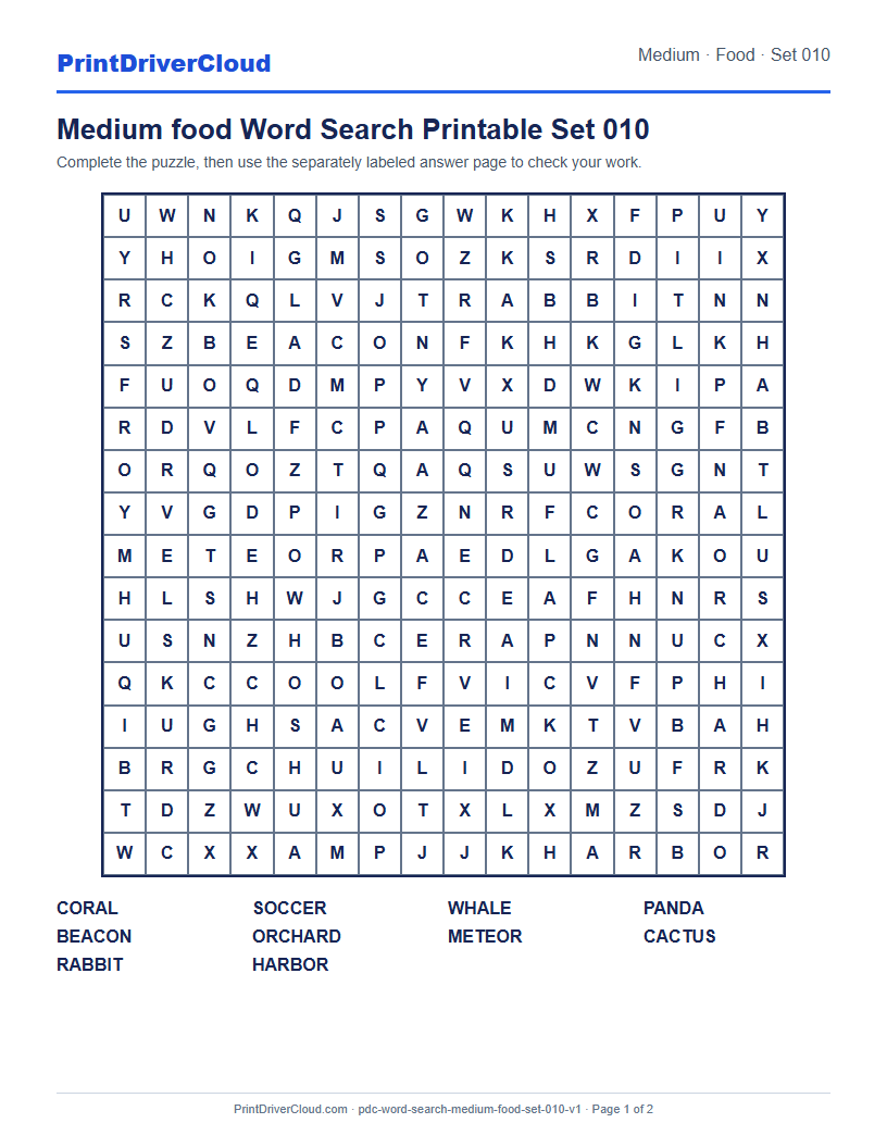 Preview of Medium food Word Search Printable Set 010
