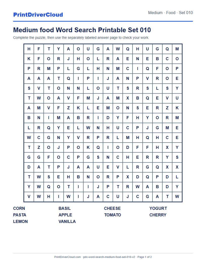 Medium Food Word Search Printable Set 010 preview